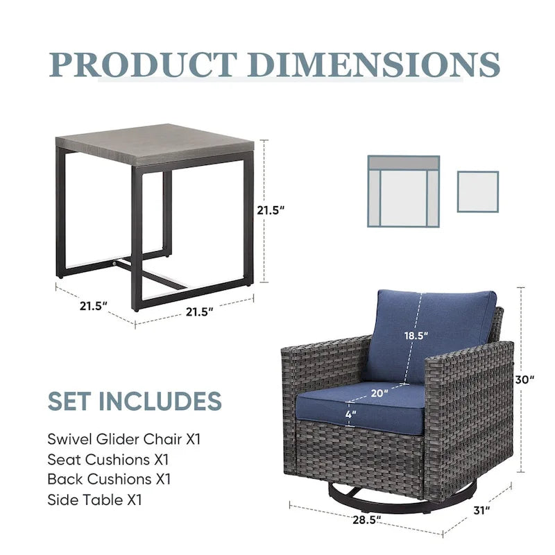 3 Piece Patio Swivel Glider Chairs Furniture Sets - Grey