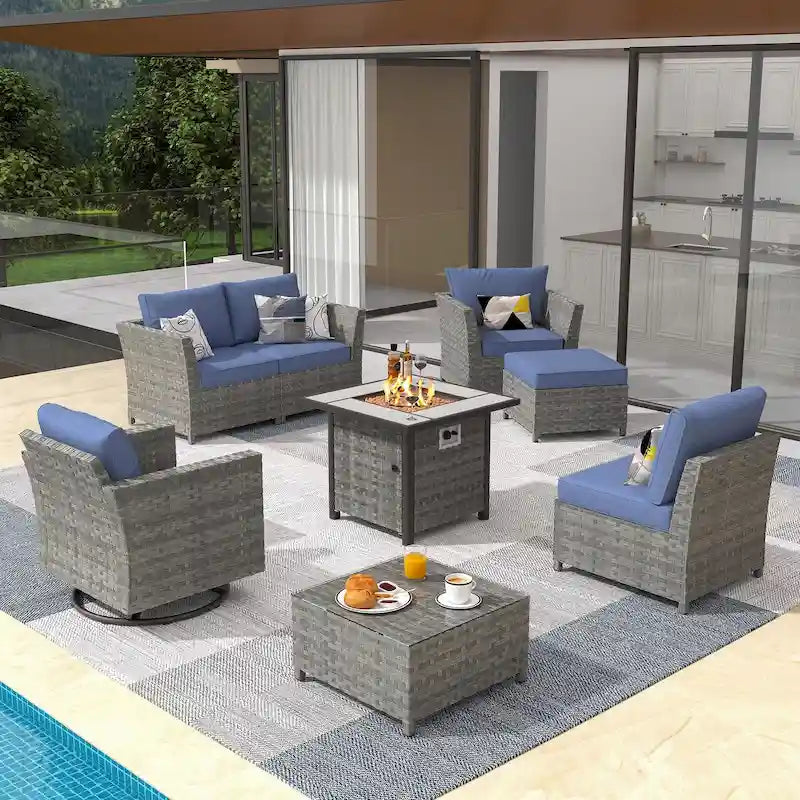 XIZZI 8-piece Outdoor Furniture Wicker Sofa Set with Fire Pit