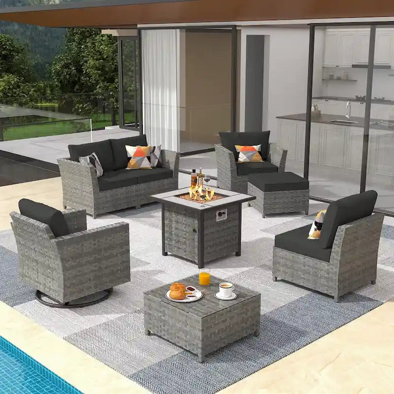 XIZZI 8-piece Outdoor Furniture Wicker Sofa Set with Fire Pit
