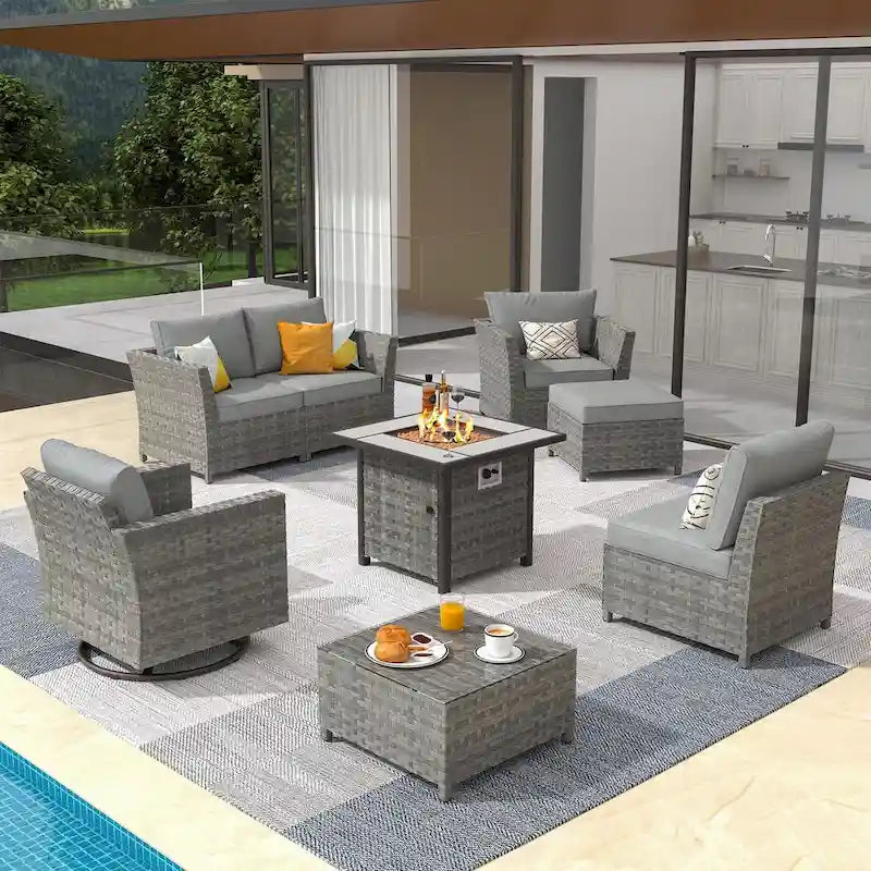 XIZZI 8-piece Outdoor Furniture Wicker Sofa Set with Fire Pit
