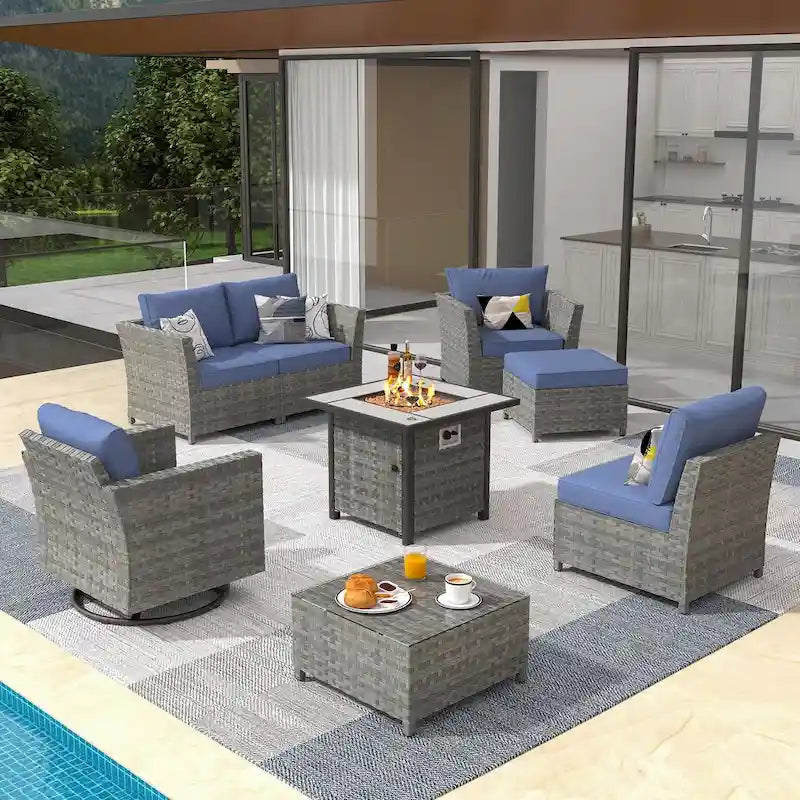 XIZZI 8-piece Outdoor Furniture Wicker Sofa Set with Fire Pit