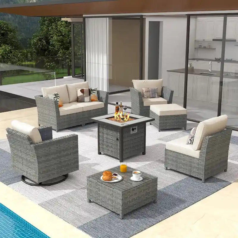 XIZZI 8-piece Outdoor Furniture Wicker Sofa Set with Fire Pit