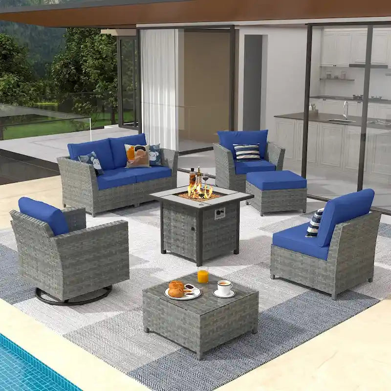 XIZZI 8-piece Outdoor Furniture Wicker Sofa Set with Fire Pit