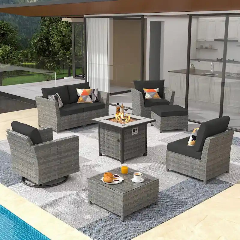 XIZZI 8-piece Outdoor Furniture Wicker Sofa Set with Fire Pit