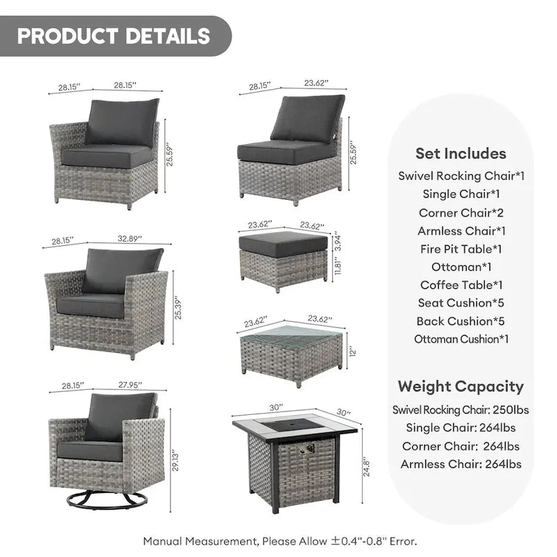 XIZZI 8-piece Outdoor Furniture Wicker Sofa Set with Fire Pit