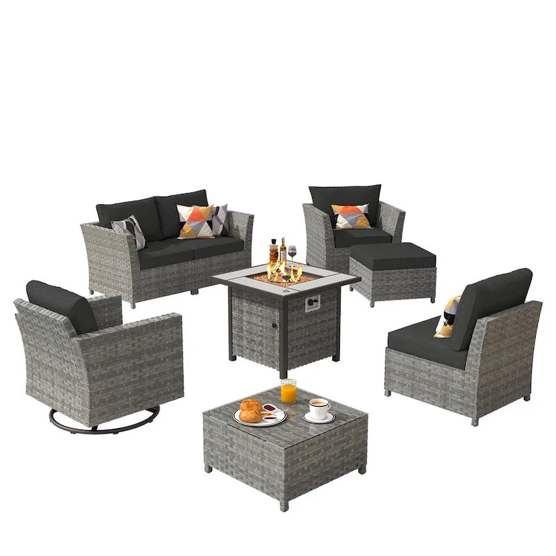 XIZZI 8-piece Outdoor Furniture Wicker Sofa Set with Fire Pit