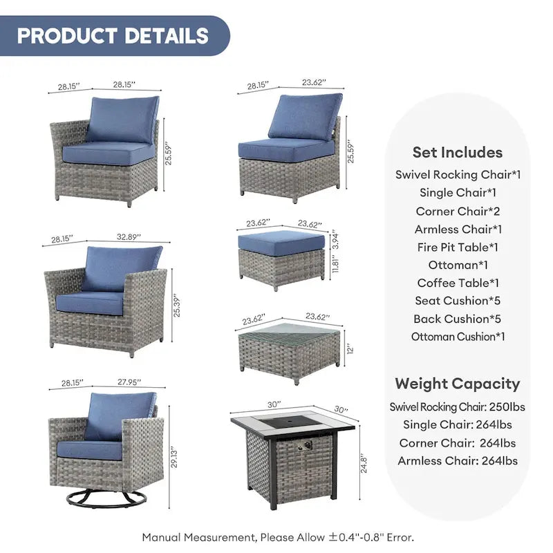 XIZZI 8-piece Outdoor Furniture Wicker Sofa Set with Fire Pit