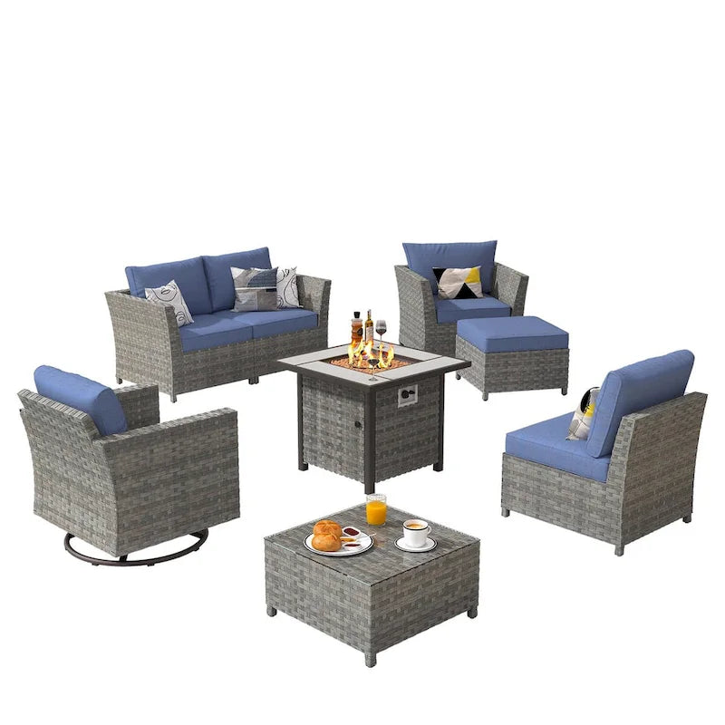 XIZZI 8-piece Outdoor Furniture Wicker Sofa Set with Fire Pit