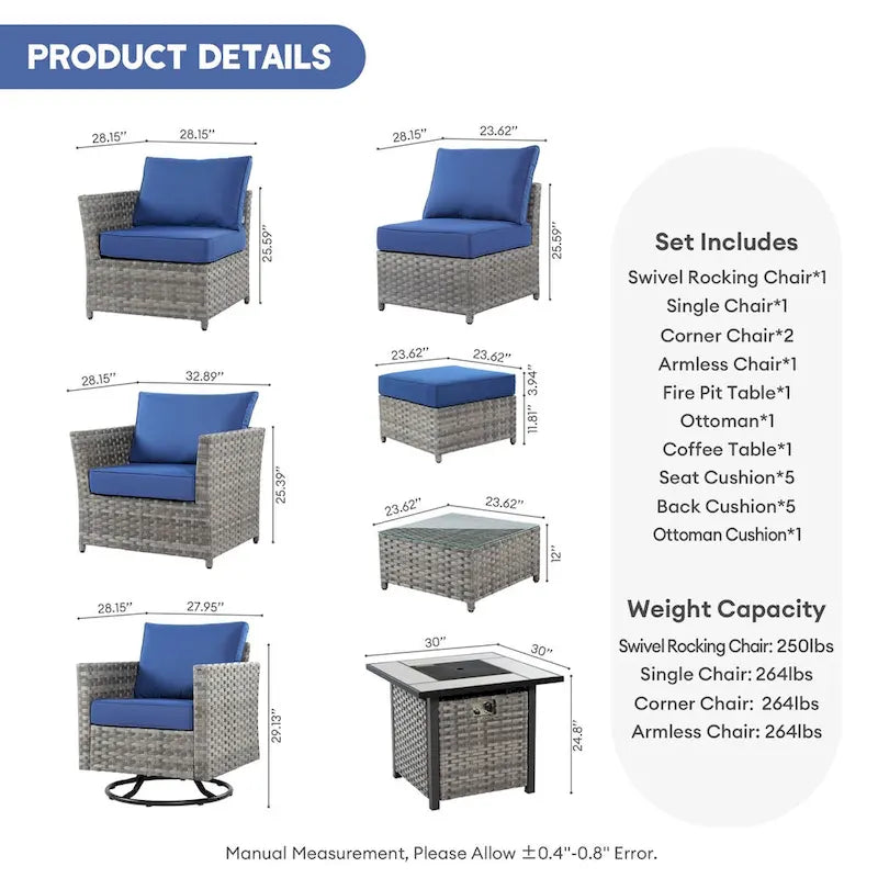 XIZZI 8-piece Outdoor Furniture Wicker Sofa Set with Fire Pit