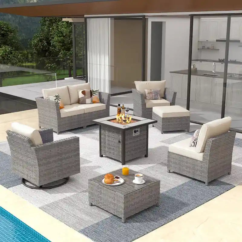 XIZZI 8-piece Outdoor Furniture Wicker Sofa Set with Fire Pit