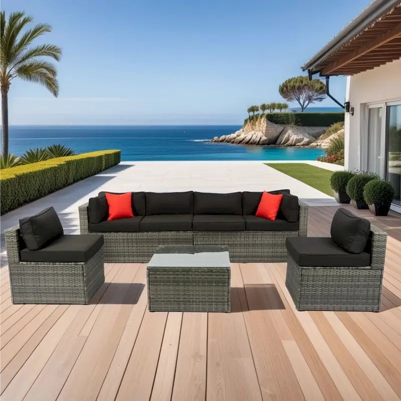 5 Pieces PE Rattan Sectional Outdoor Furniture Cushioned U Sofa Set