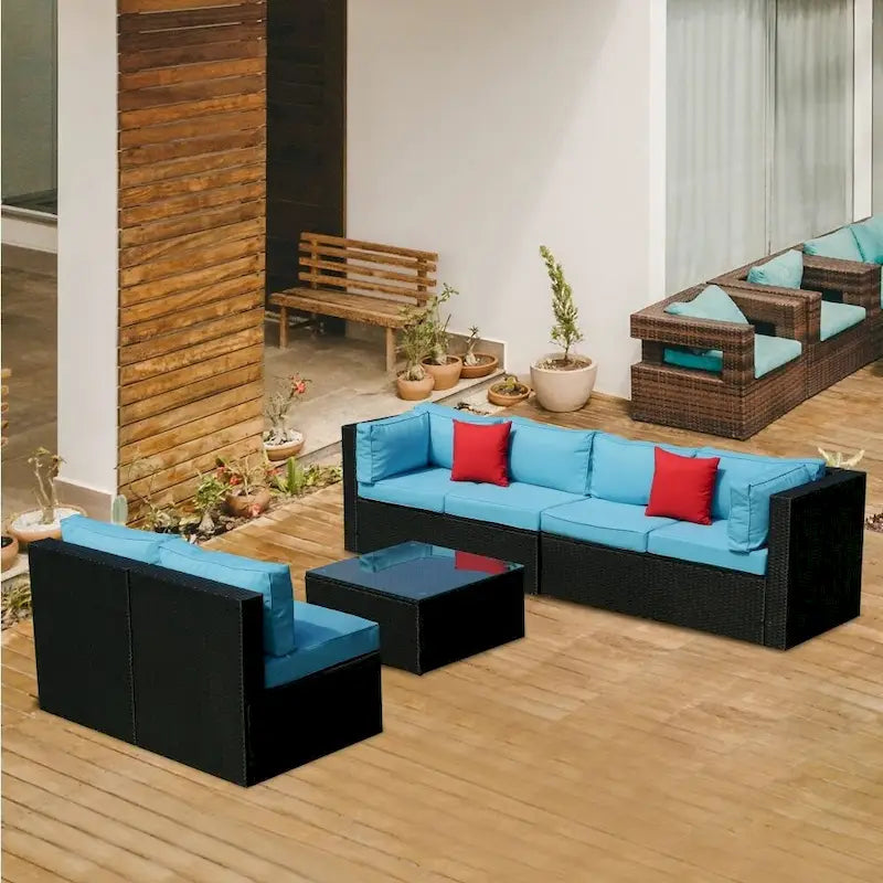 5 Pieces PE Rattan Sectional Outdoor Furniture Cushioned U Sofa Set