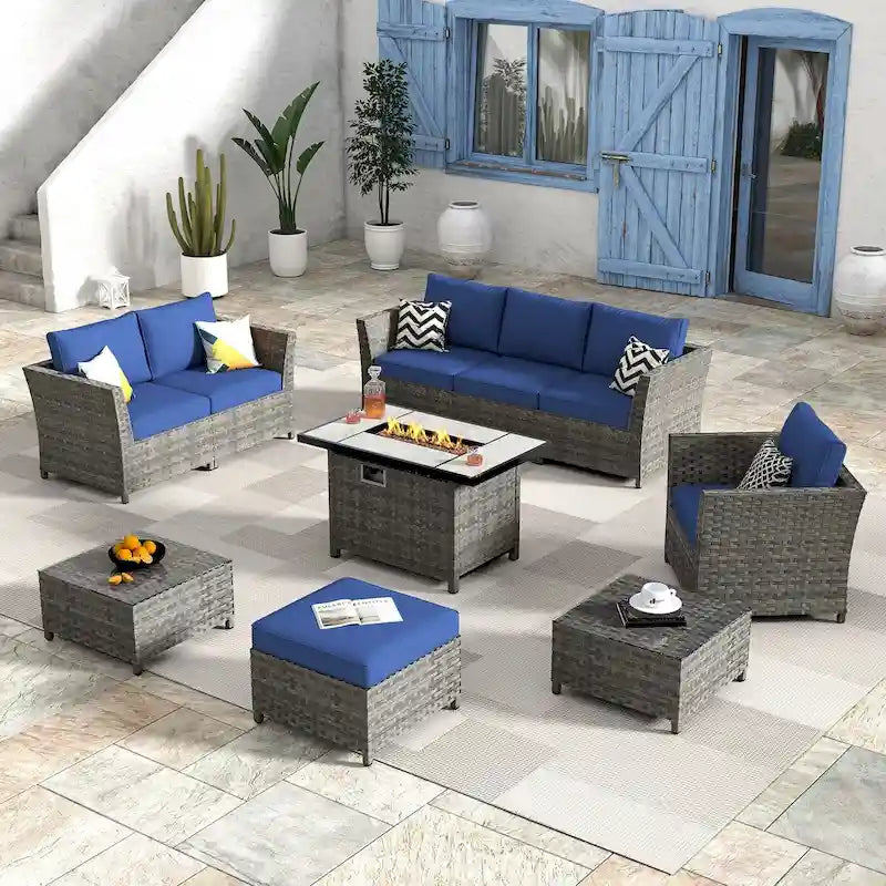 HOOOWOOO 10-piece Wicker Rattan Patio Furniture Sectional Set with Fire Pit