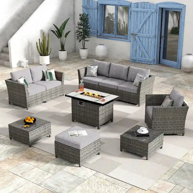 HOOOWOOO 10-piece Wicker Rattan Patio Furniture Sectional Set with Fire Pit