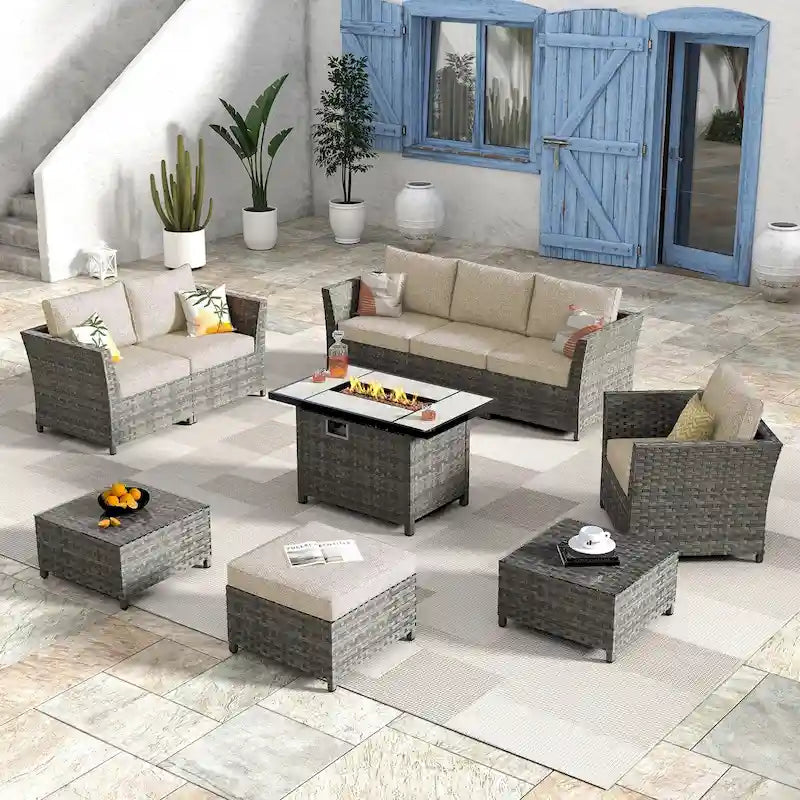 HOOOWOOO 10-piece Wicker Rattan Patio Furniture Sectional Set with Fire Pit
