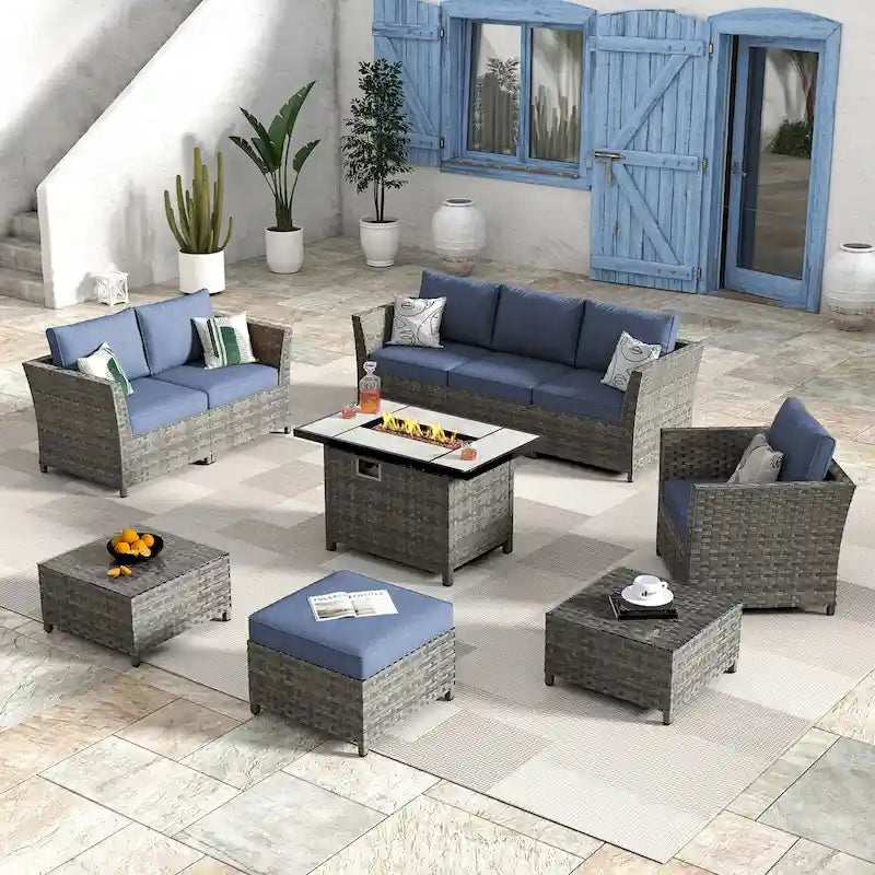 HOOOWOOO 10-piece Wicker Rattan Patio Furniture Sectional Set with Fire Pit