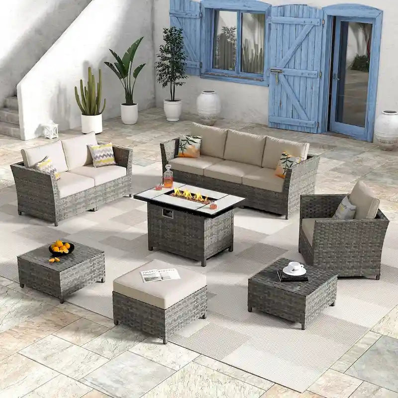 HOOOWOOO 10-piece Wicker Rattan Patio Furniture Sectional Set with Fire Pit