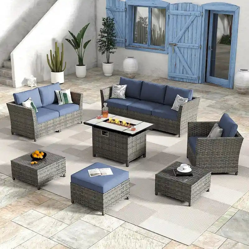 HOOOWOOO 10-piece Wicker Rattan Patio Furniture Sectional Set with Fire Pit