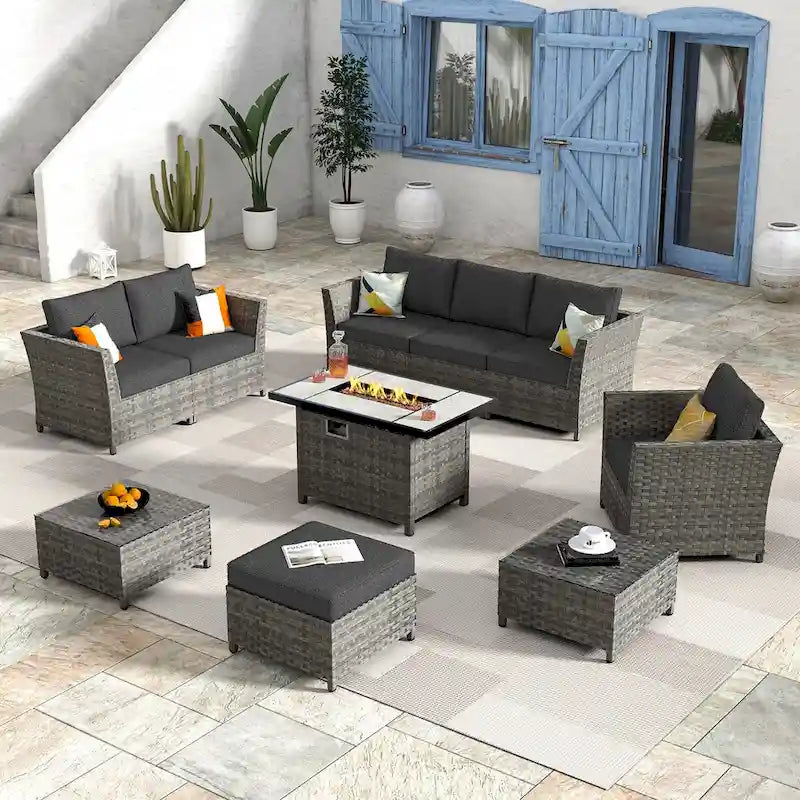 HOOOWOOO 10-piece Wicker Rattan Patio Furniture Sectional Set with Fire Pit