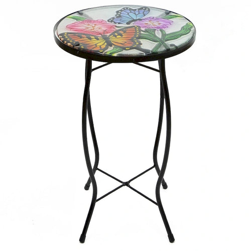19  Floral and Butterfly Glass Patio Side Table