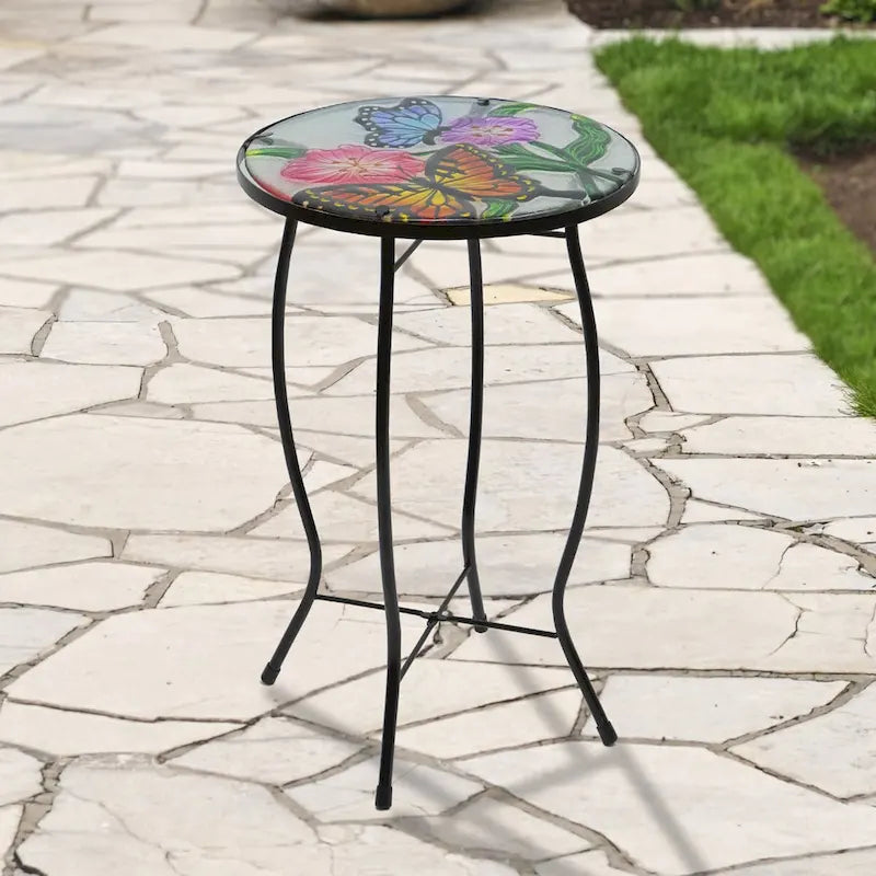 19  Floral and Butterfly Glass Patio Side Table