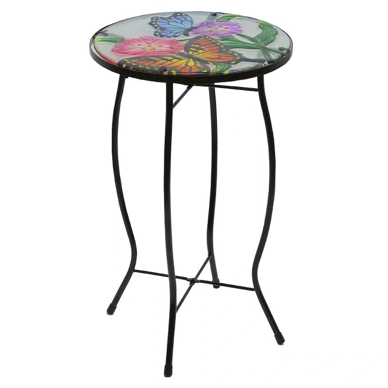19  Floral and Butterfly Glass Patio Side Table