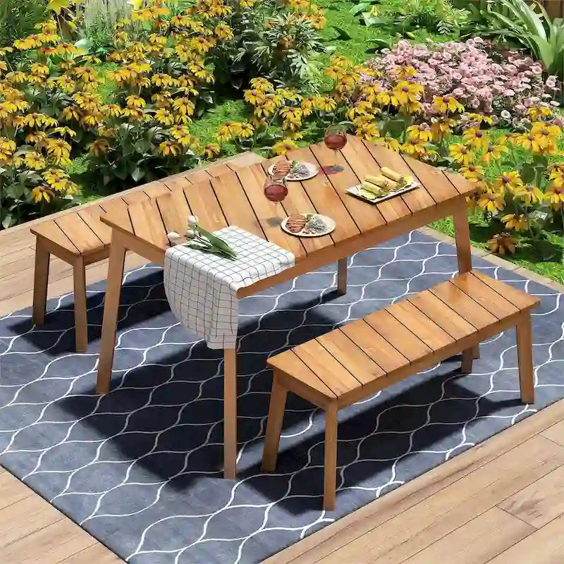 3-Piece Acacia Wood Outdoor Dining Set with Benches