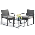 3 Pieces Patio Bistro Sets, Outdoor Rattan Conversation with Glass Table, Wicker Furniture Set with Cushion