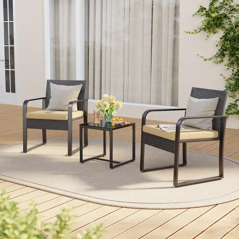 3 Pieces Patio Bistro Sets, Outdoor Rattan Conversation with Glass Table, Wicker Furniture Set with Cushion