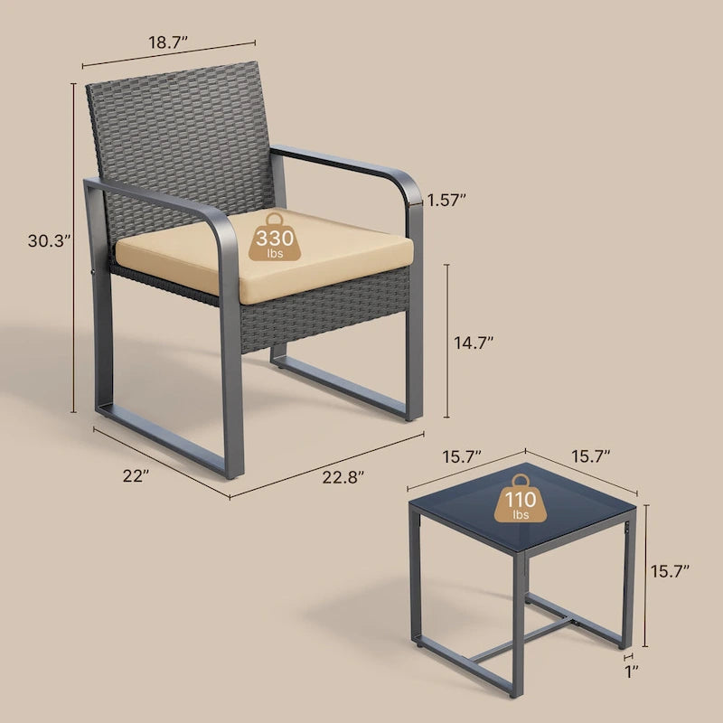 3 Pieces Patio Bistro Sets, Outdoor Rattan Conversation with Glass Table, Wicker Furniture Set with Cushion