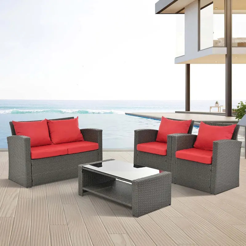 4-Piece PE Wicker Patio Conversation Set with Cushions