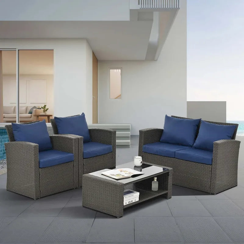 4-Piece PE Wicker Patio Conversation Set with Cushions
