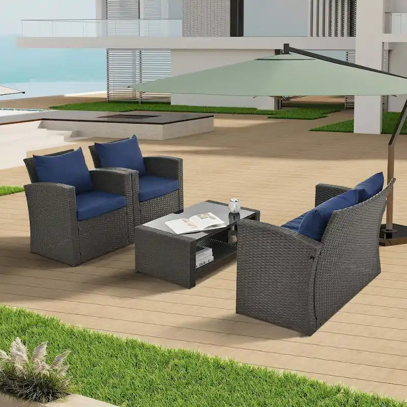 4-Piece PE Wicker Patio Conversation Set with Cushions