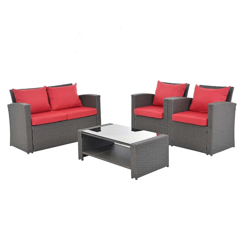 4-Piece PE Wicker Patio Conversation Set with Cushions