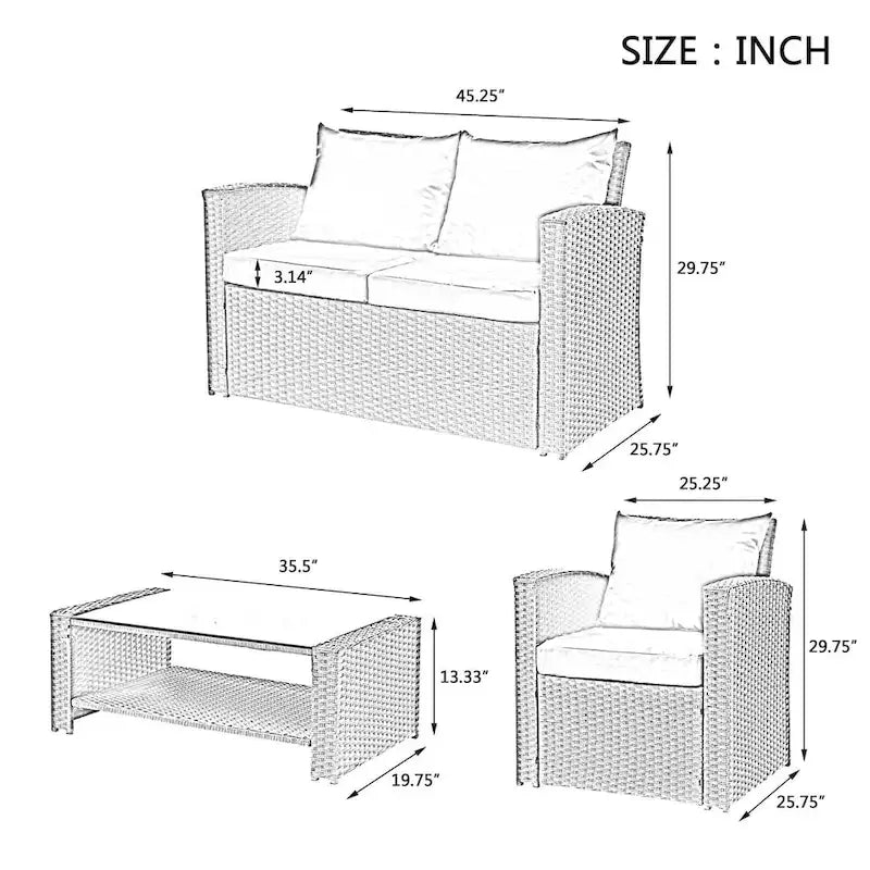 4-Piece PE Wicker Patio Conversation Set with Cushions