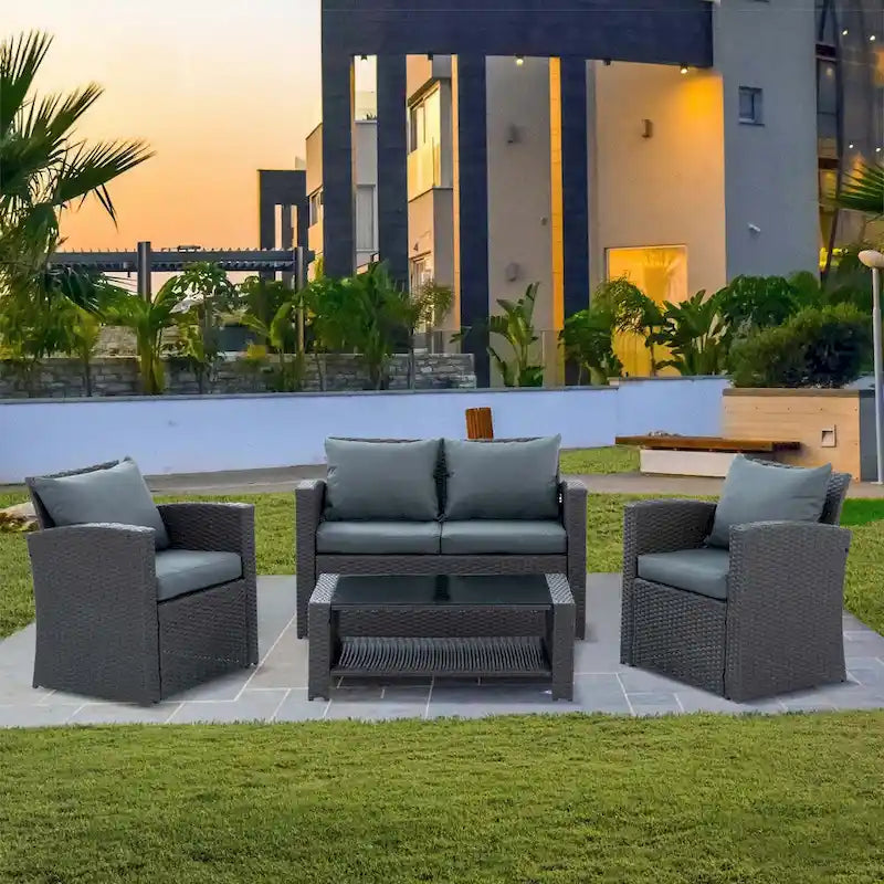 4-Piece PE Wicker Patio Conversation Set with Cushions