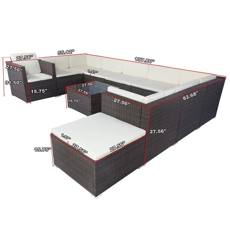 11 Piece Patio Wicker 10 Seater Patio Sectional Set with Storage