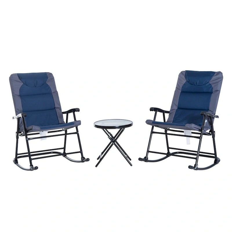 3 Piece Outdoor Patio Furniture Set w/ 2 Folding Padded Rocking Chairs
