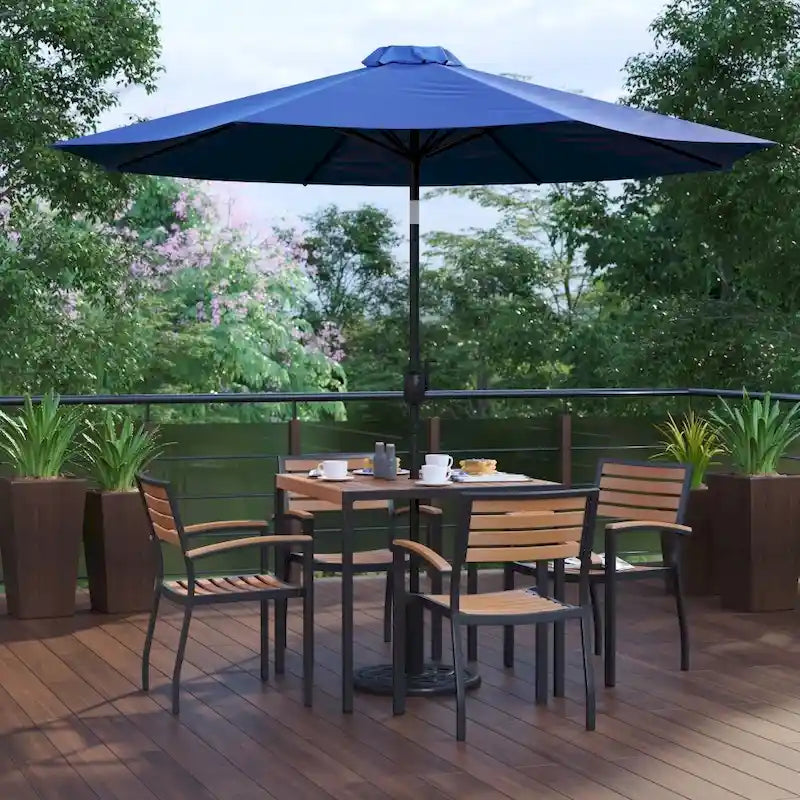 35  Square Faux Teak Patio Table, 4 Chairs and 9FT Patio Umbrella with Base