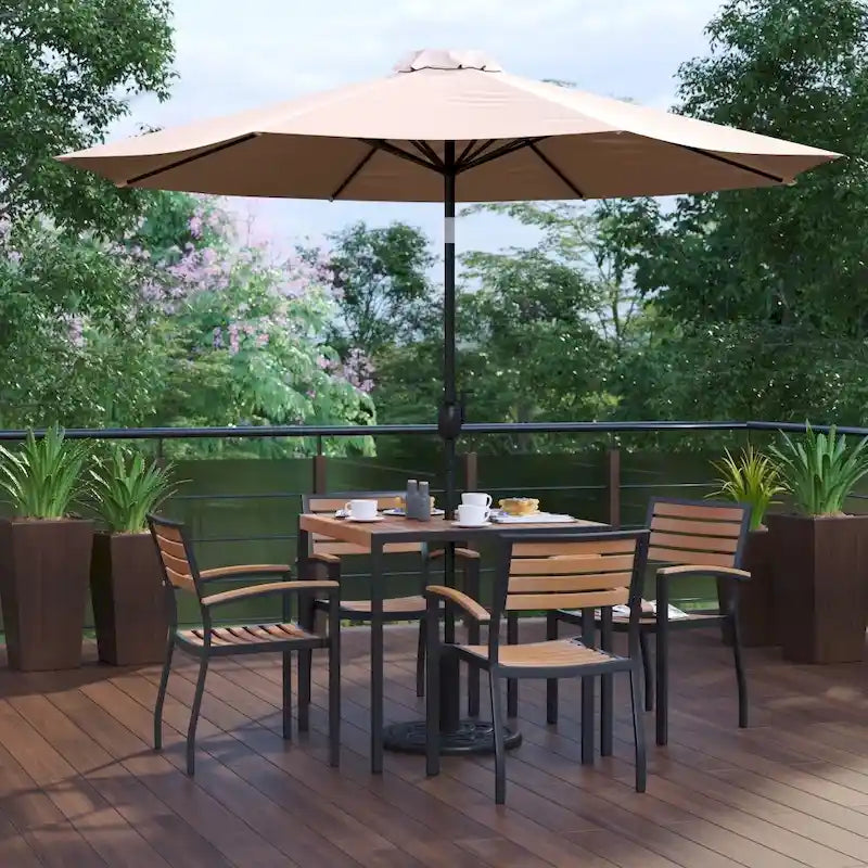 35  Square Faux Teak Patio Table, 4 Chairs and 9FT Patio Umbrella with Base
