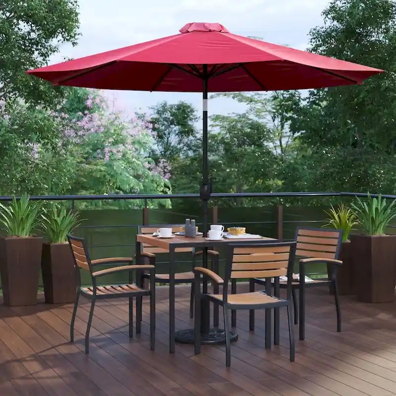 35  Square Faux Teak Patio Table, 4 Chairs and 9FT Patio Umbrella with Base