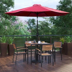 35  Square Faux Teak Patio Table, 4 Chairs and 9FT Patio Umbrella with Base