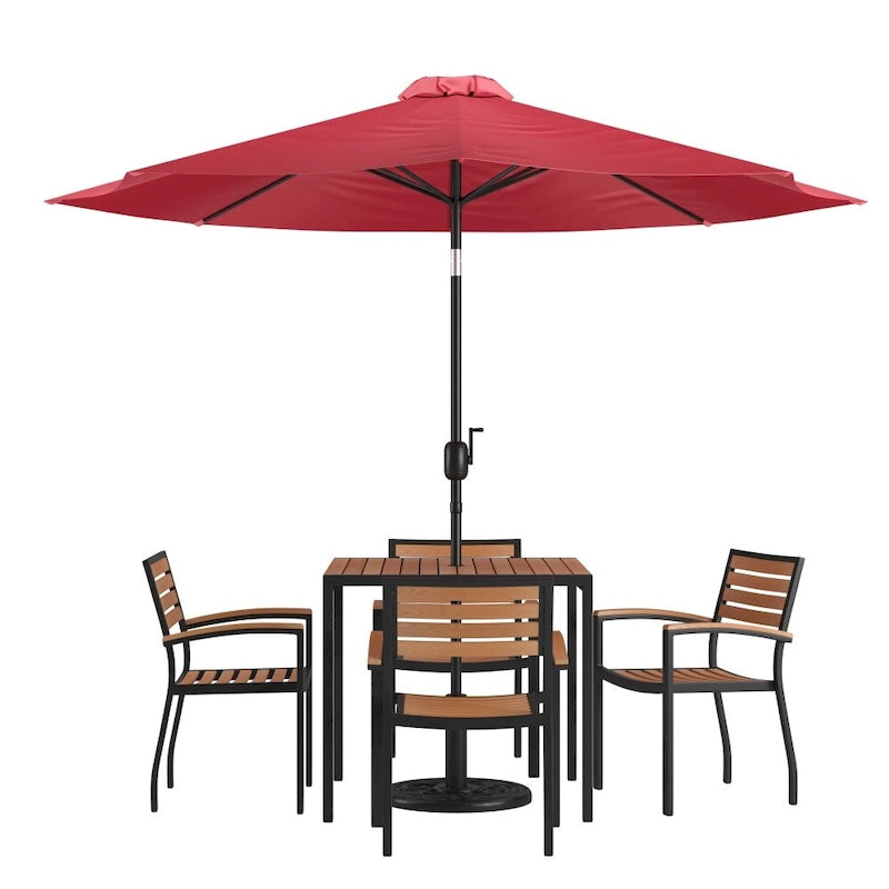 35  Square Faux Teak Patio Table, 4 Chairs and 9FT Patio Umbrella with Base