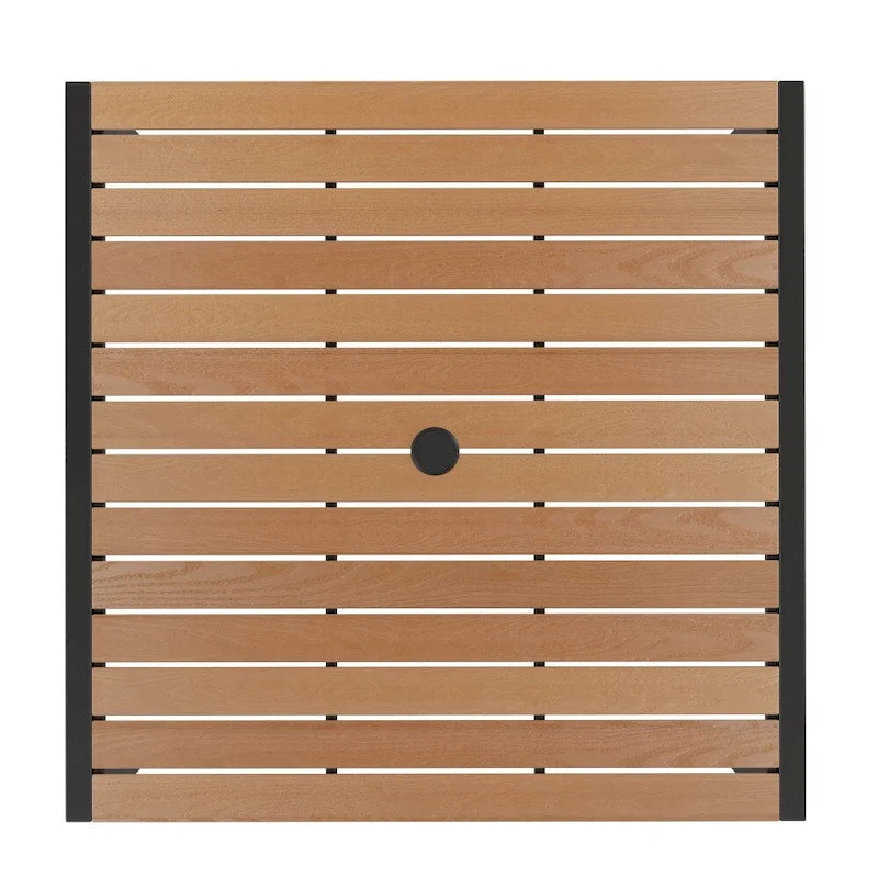 35  Square Faux Teak Patio Table, 4 Chairs and 9FT Patio Umbrella with Base