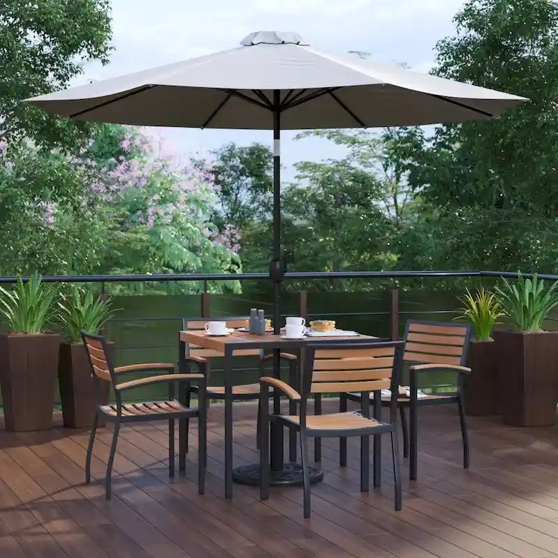 35  Square Faux Teak Patio Table, 4 Chairs and 9FT Patio Umbrella with Base