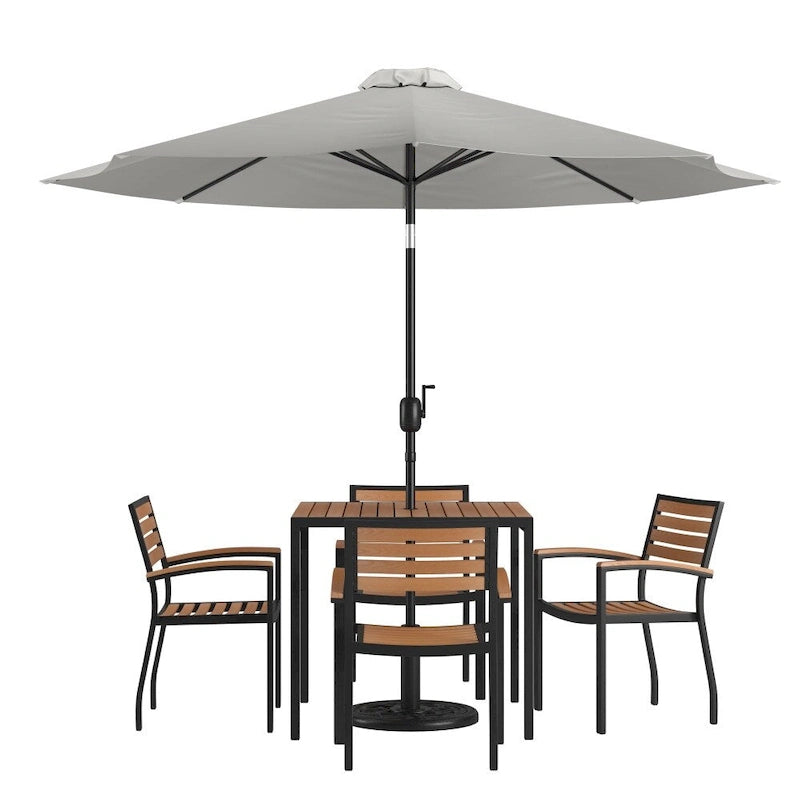 35  Square Faux Teak Patio Table, 4 Chairs and 9FT Patio Umbrella with Base