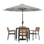 35  Square Faux Teak Patio Table, 4 Chairs and 9FT Patio Umbrella with Base