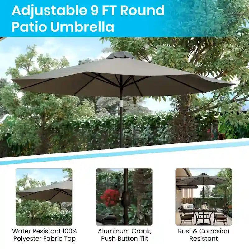 35  Square Faux Teak Patio Table, 4 Chairs and 9FT Patio Umbrella with Base