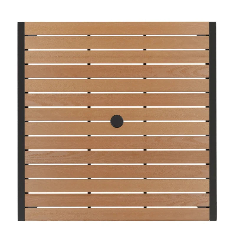 35  Square Faux Teak Patio Table, 4 Chairs and 9FT Patio Umbrella with Base