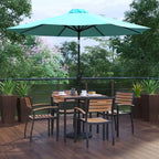 35  Square Faux Teak Patio Table, 4 Chairs and 9FT Patio Umbrella with Base
